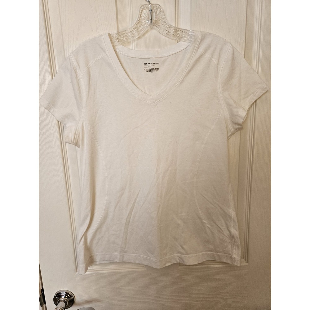Tek Gear Women's White Activewear Short Sleeve V-Neck T-Shirt, Size LG